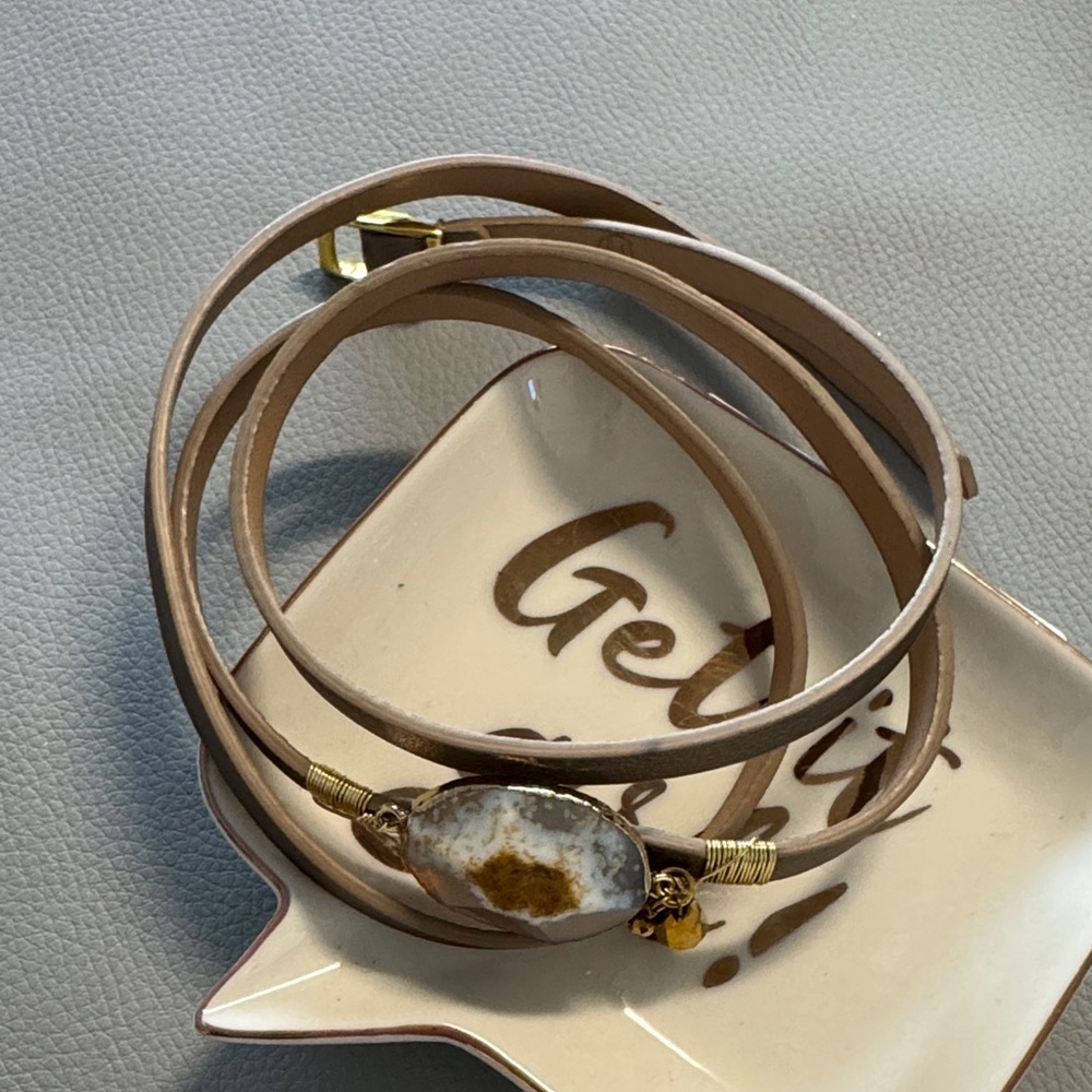 Tan Leather Wrap Bracelet with Stone Accent
